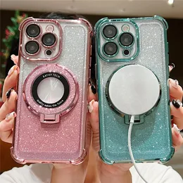 Clear Plating Bling Glitter Holder Bracket Magnet Case For iPhone 11 12 13 14 15 Pro Max Plus Soft Silicone Cover