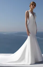 Classic Long V-Neck Satin Wedding Dresses Mermaid Ivory Buttons Back Court Train Vestidos de Novia Abendkleider Bridal Gowns for Women