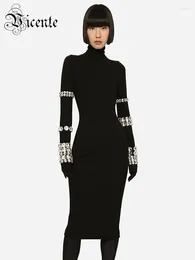 Casual Dresses VC Luxury Party for Women Long Sleeve Gloves With Crystal Bandage Black Midi Dress Evening Gowns Autumn Winter