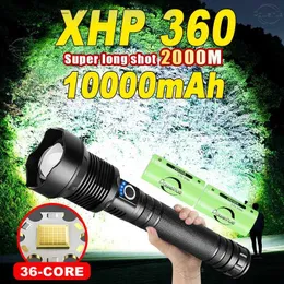 Taschenlampen 10000 mAh Leistungsstarke XHP360 USB-Aufladung Taschenlampe 18650 26650 LED-Taschenlampe Zoom-Taschenlampe IPX65 Taktische Laterne Camping Handlampen Q231130