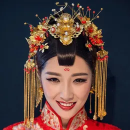 Chiński styl panny młodej starożytny kostium Phoenix koronet czerwone ozdoby nakrycia głowy pobieraj pełną sukienkę Cheongsam Dekorat 262U