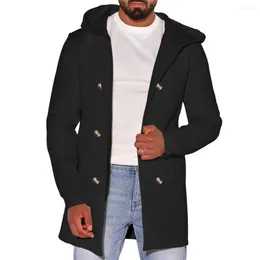 Jaquetas masculinas de manga comprida sobretudo grosso quente trespassado com capuz com bolsos comprimento médio solto jaqueta cardigã para outono