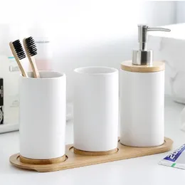 Conjunto acessório de banho Acessórios de banheiro Cerâmica Dispensador de sabão bucal copo escovação de dentes com bandeja de bambu lavar louça líquido co232o