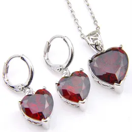 LuckyShien Holiday Gift 2 PCS Lot Heart Red Garnet Pendant Earrings Set 925 Silver Necklace Woman Charm Jewelry 307o