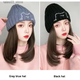 Beanie/Skull Caps Short Straight Wig Hat Women One-piece Wig Hat Embroidered Bear Wig Beanies Casual Wigs Bonnets Natural Wig Warm Knitted Bonnet Q231130