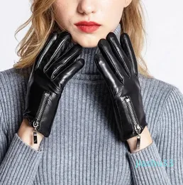 Gants sans doigts Sumusan femmes écran tactile en cuir véritable noir hiver épais chaud dame imperméable mitaines de chèvre