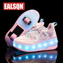 Sapatilhas Crianças Duas Meninas Rodas Luminosas Saltos Brilhantes Rosa Led Light Roller Skate Sapatos Crianças Carregamento USB 231130