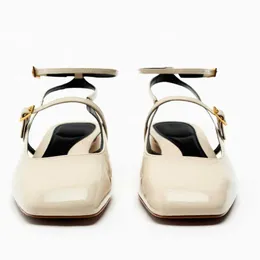 Nouvelles sandales été blanc Mary Janes à talons pour femmes bout carré bloc talon Slingbacj chaussures talons en cuir noir 230406