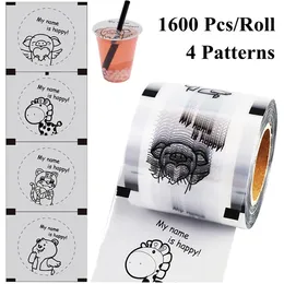 أدوات 1600 PCS/Roll لطيف كرتون ختم ملصق شاي الحليب القهوة البلاستيك كوب ختم لفة فيلم PP Paper Cup Roll Roll