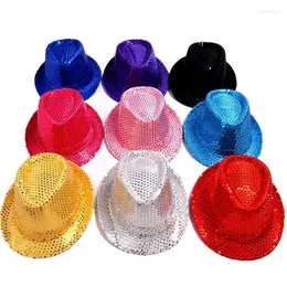 Wide Brim Hats Adult And Child Unisex Brilliant Glitter Sequins Hat Dance Fedora Kid Cap Solid Jazz Party Costum 2size Elob22