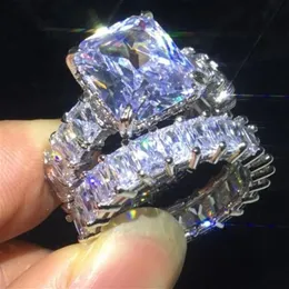 Pierścieńce Vecalon Pierścień Zestawy 925 Srebrna Princess Cut Diamond Reagement Wedding Pierścienie dla kobiet palec biżuteria 2764