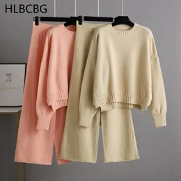 Womens Two Piece Pants HLBCBG Basic Knitted Loose and ONeck Sweater Set for AutumnWinter Warmth Track Coat Zipper 231129