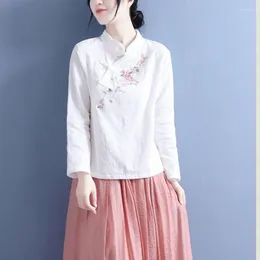 Blouses Femmes Femmes Style Ethnique Chemise Coton Lin Printemps Automne Col Montant Broderie Tops Manches Longues Chinois RétroVintage Fête