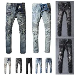 Mens Jeans Fashion Black Ripped Biker Slim Fit Bikers denim Slim Fit Motorcykelcyklister för män