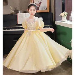 Блестящие желтые цветочные девочки одеваться свадебная подростка для детей Принцесса вечеринка Блинг Длинный выпускной платье детские платья для детской летние платья подружки невесты 403