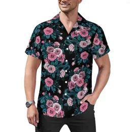 Men's Casual Shirts Rose Floral Print Shirt Pink Flowers Beach Loose Hawaii Retro Blouses Short-Sleeve Custom Oversized Tops