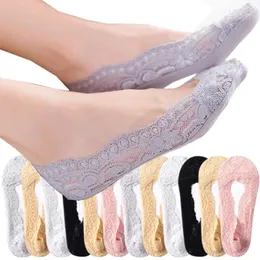 Meias femininas 5 pares moda algodão invisível antiderrapante tornozelo renda meia meninas não mostrar antiderrapante