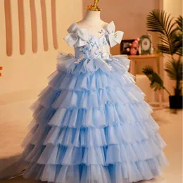 2023 Luxurious blue Tutu Flower Girl Dresses with bow new long lace sequined new Beaded Tiers Tulle Lilttle Kids Birthday Pageant bling Weddding bridesmaid Gowns