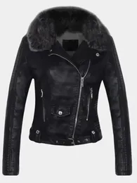 Women's Leather Faux Leather FTLZZ Women Winter Faux Leather Jacket Warm Large Fur Collar Lady Motorcycle Pu Faux Soft Leather White Black Pink Coat 231129