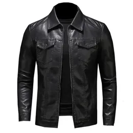 Men's Leather Faux Leather Men's Motorcycle Leather Jacket Large Size Pocket Black Zipper Lapel Slim Fit Male Spring and Autumn High Quality Pu Coat M-5Xl 231129