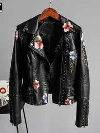 Womens Leather Faux Floral Print Embroidered Soft Jacket Pu Motorcycle Black Punk Studded For Women 231129