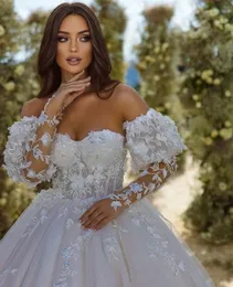 A linha vestidos de casamento árabe mangas transparentes fora do ombro apliques trem vestidos de casamento nupcial plus size