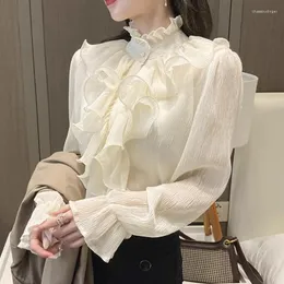 Women's Blouses Korean Ruffles Chiffon Blouse Spring Elegant Long Flare Sleeve Shirt Fashion Ruffled Collar Button Casual Loose Tops 12946