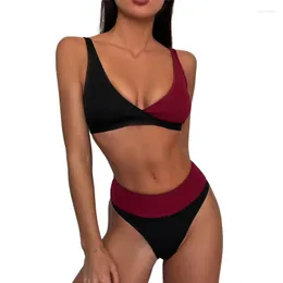 Women's Swimwear 2 Pcs Women Color Block Bathing Suits Adults Sexy Ribbed V-neck Bikini Tops Bottoms Swimsuits Female Summer Beachwear