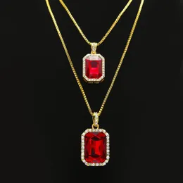 2pcs Ruby Necklace Jewelry Set Silver Gold Plated Iced Out Square Red Pendant Hip Hop Box Chain251K