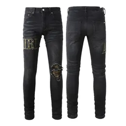 Designer Uomo Jeans viola High Street Hole Patch Pantaloni da donna slim-fit elasticizzati con pannello ricamato Amirs Star 351