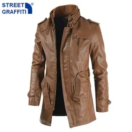 Mens Leather Faux Men Winter Long Thick Fleece Pu Jacket Streetwear Casual Business Clothing Pocket Jackets Coat Outwear 231129