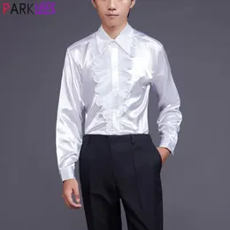 Herren-Freizeithemden, weißes Plissee-Satin-Smoking-Herrenhemden, Marke, Slim-Fit, langärmelig, seidenartiges Hemd, Herren-Party, Abschlussball, Chor, Bühnenkleidung, 2XL 231129