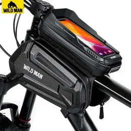 Cycling Bags WILD MAN Rainproof Bicycle Frame Bag Front Hard Shell Bike Top Tube Bag Touch Screen Cycling Phone Bag 6.7 Inch Bike Accessories 231130
