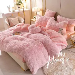 Set di biancheria da letto Set di biancheria da letto di lusso invernale caldo lungo peluche rosa Set copripiumino doppio in velluto di visone Queen con lenzuolo con angoli Calore copripiumini 231129