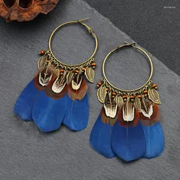 Kolczyki Dangle Vintage Blue Feather for Women Ethnic Long Tassel Wiselant Duże okrągłe wiszą żeńska bohemia Pendientes Brincos