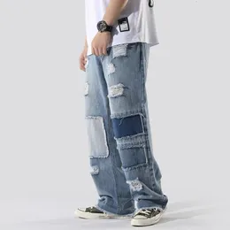 Jeans da uomo Pantaloni da mendicante con toppa strappata e pantaloni da mendicante alla moda alla moda da uomo dritti 231129