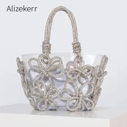 Sacos de noite Diamante Flor Transparente Tote Bolsas Mulheres Boutique Férias de Verão Handmade Tecido Strass Bolsas de Praia e Bolsas Casamento 231129