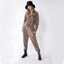 Женские брюки из двух частей 2023, женский повседневный костюм из чистого кашемира с капюшоном на шнурке, свободный капюшон для комбинезонов, вязаный свитер, брюки