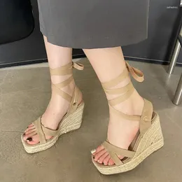 Sandals Cane Wedges For Women Peep Toe Bandage Espadrille Stylish Shoes Square Platform Rattan Grass Weave Summer