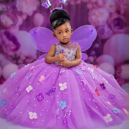 Purple Cute Flower Girl Dresses Tiered Pearls Hand Made Flowers Lace Beaded Princess Queen Ball Gowns Girls' Dress For Wedding Little Kids Birthday Party Gown F021