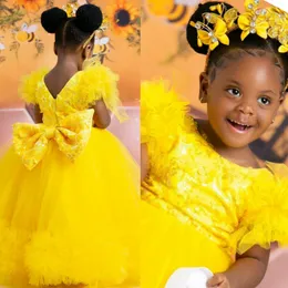 Yellow African Flower Girl Dresses Short Sleeves Tiered Tulle Princess Ball Gowns Girls African First Birthday Party Dress For Wedding Little Kids Gown F018