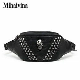 Mihaivina Punk Rivet Skull Men Waist Bag Women Black Fanny Pack Leather Chest s Female Shoulder Messenger Bum s 220216193x