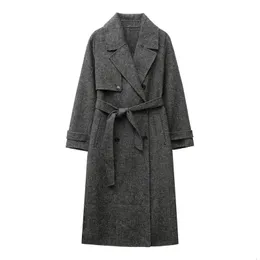 Women's Wool Blends ZVRI 2023 Midlängd med Belt Wool Blend HerringBone Twill Coat Trench 231129