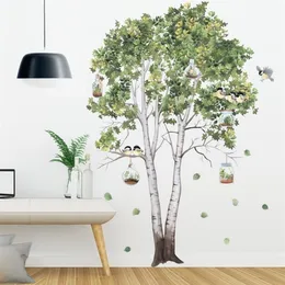 Väggklistermärken Big Tree Birch Green Leaves Decals vardagsrum sovrum fåglar hem dekor affisch tapet pvc dekoration334m