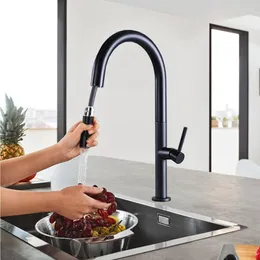 Küchenarmaturen Wasserhahn Schwarz Mixer Ausziehbar Messing Waschen Ausziehbare Düse Gourmet Matt Down