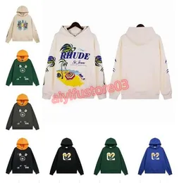 RHUDE HODIE MENS 여성용 까마귀 Rhudes Hoody Hooded Sweatshirt Felpa Uomo 틈새 패션 브랜드 Sudadera 가을 겨울 겨울 롱 슬리브 목격구