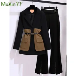 Kvinnors tvåbitar byxor Kvinnor Pants Suit Spring Fall Patchwork Midi Suit Coatmicro Flare Trouser 2 Piece Korean Casual Blazers Matching Set 231129