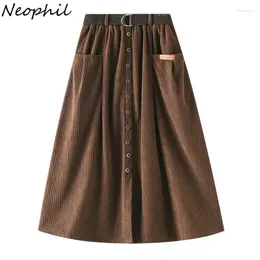 Spódnice Neofil Cord Winter Women Single Button z kieszeniem na pasek Elastyczne wysoką talię luźną solidną spódnicę s220918