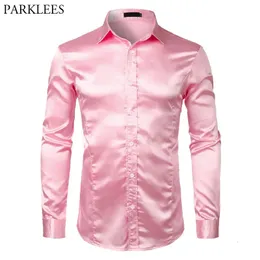 Camisas casuais masculinas rosa cetim de seda camisa de vestido de luxo homens marca magro manga longa smoking camisa masculino casamento clube festa dança baile camisas 231130