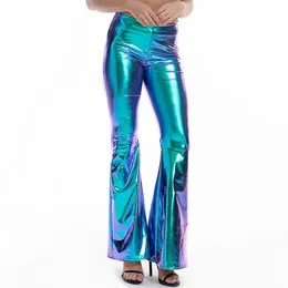 Calças femininas Capris Sexy PU Couro Calças Metálicas Brilhantes Holográficas Flare Calças Mulheres Meninas Bodycon Cintura Elástica Bell Bottom Calças Clubwear 231130